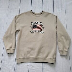 Croft & Barrow Mens Tan USA Flag Embroidered Sweatshirt Size Small Patriotic
